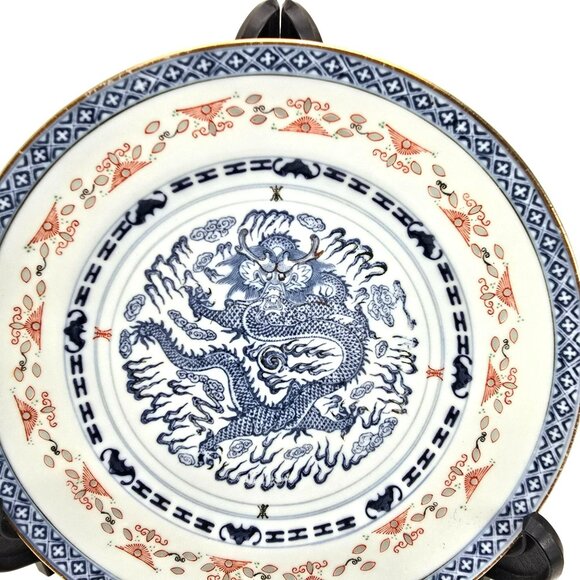 Antique Chinese Dragon Motif Porcelain Dinner Plate Blue & Red Design JE301 - Picture 2 of 8